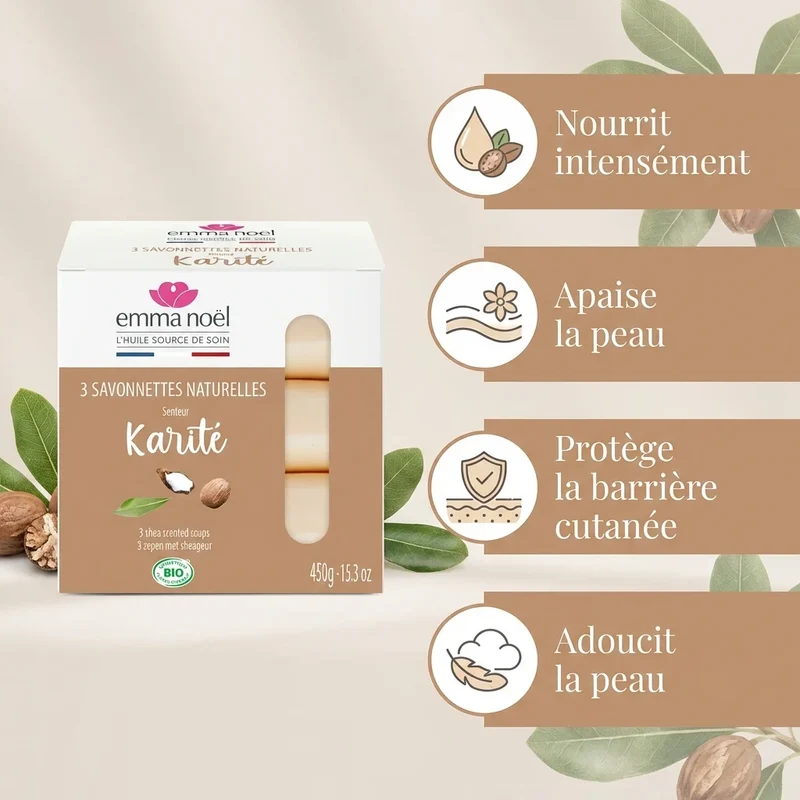 Savonnettes Karité Bio - 3 x 150 g - Emma Noël