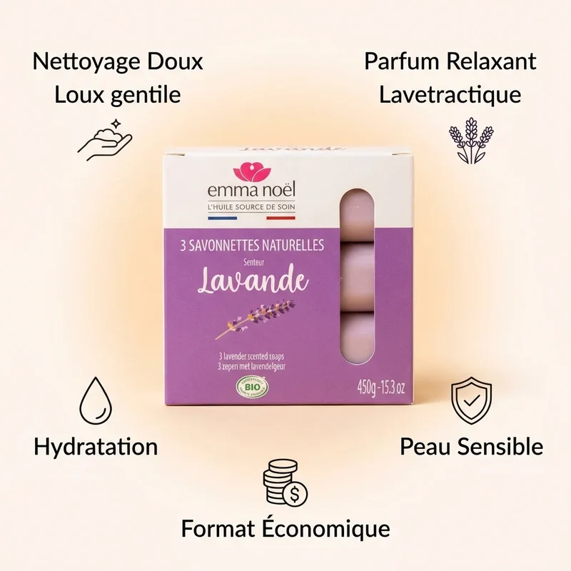 Savonnettes Lavande Bio - 3 x 150 g - Emma Noël