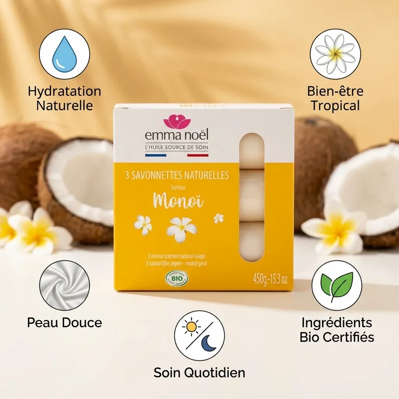 Savonnettes Monoï Bio - 3 x 150 g - Emma Noël