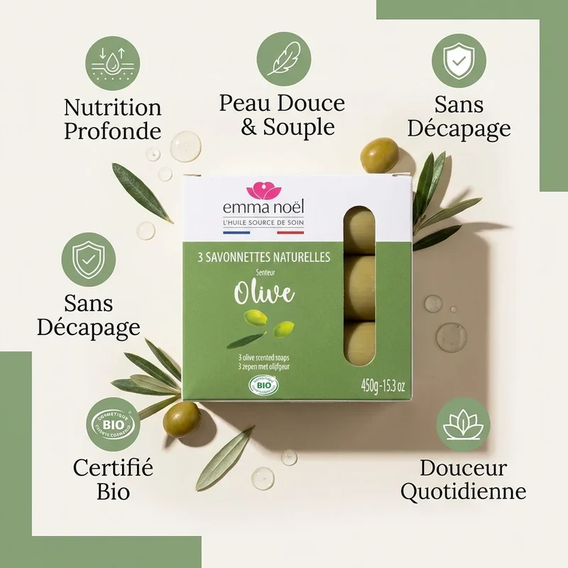 Savonnettes Olive Bio - 3 x 150 g - Emma Noël