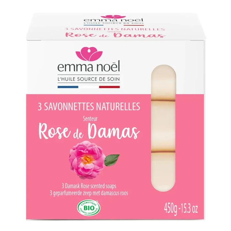 Savonnettes Rose de Damas Bio - 3 x 150 g - Emma Noël
