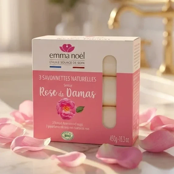 Savonnettes Rose de Damas Bio - 3 x 150 g - Emma Noël