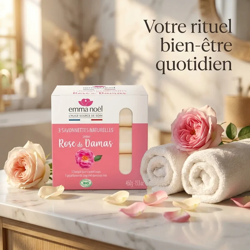 Savonnettes Rose de Damas Bio - 3 x 150 g - Emma Noël