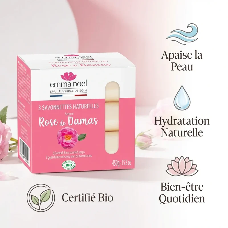 Savonnettes Rose de Damas Bio - 3 x 150 g - Emma Noël