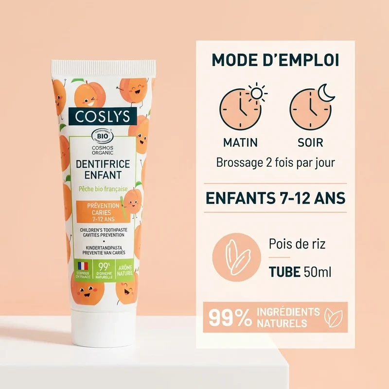 Dentifrice enfant Pêche bio - 50 ml - Coslys