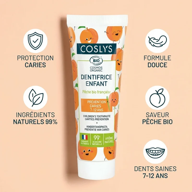 Dentifrice enfant Pêche bio - 50 ml - Coslys