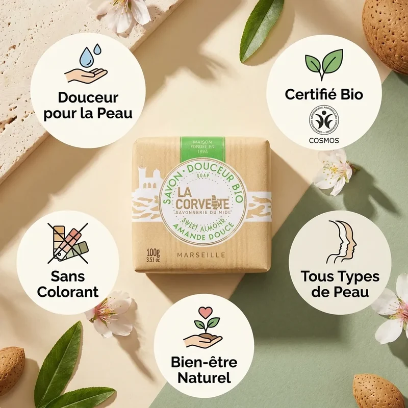 Savon de Marseille douceur bio - amande douce - 100g - La Corvette
