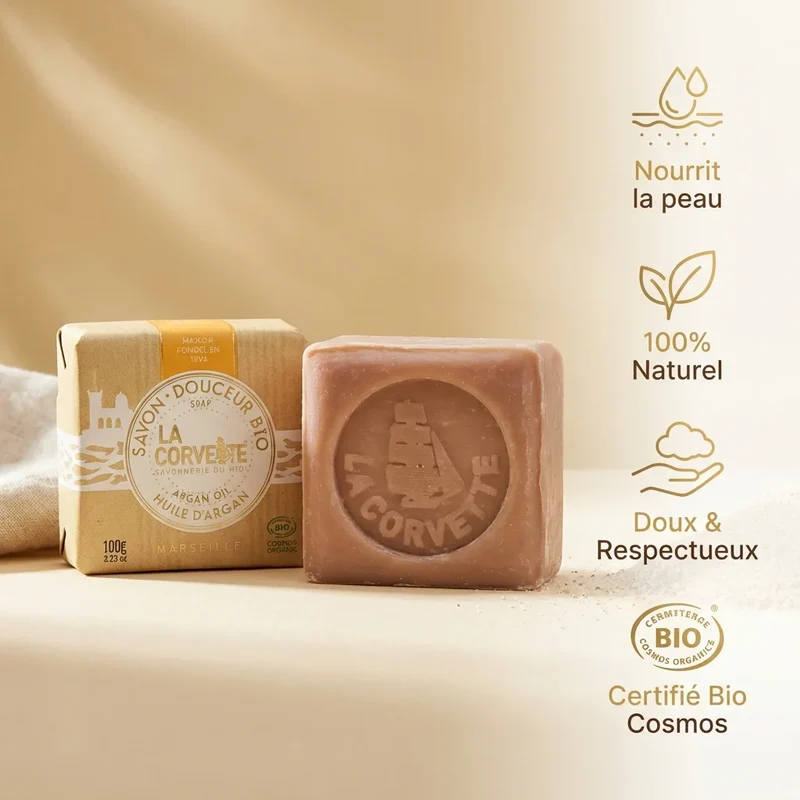 Savon de Marseille douceur bio - huile d'argan - 100g - La Corvette