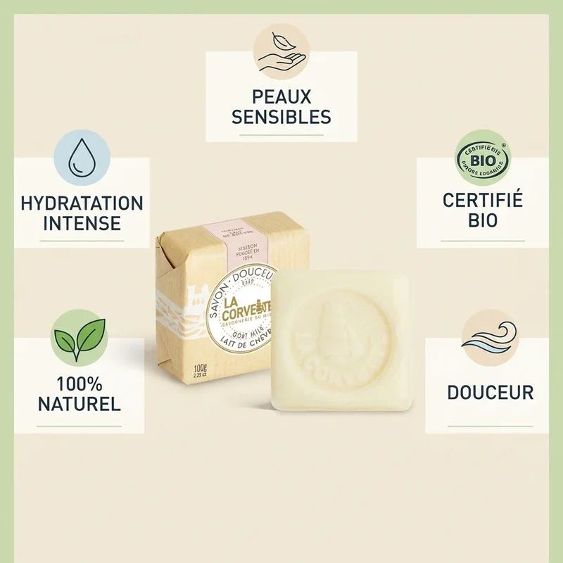 Savon de Marseille douceur bio - lait de chèvre - 100g - La Corvette
