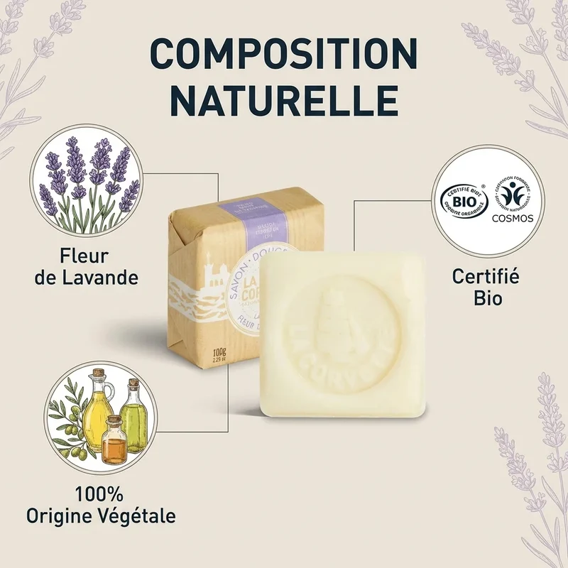 Savon de Marseille douceur bio - fleur de lavande - 100g - La Corvette