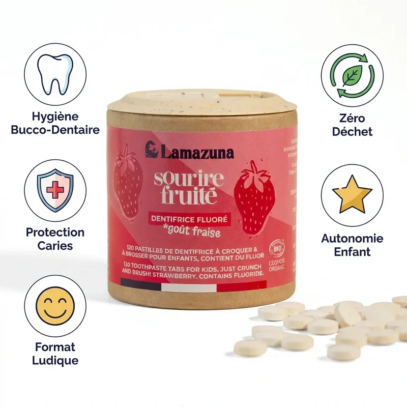 Dentifrice à Croquer Fraise Enfant - 120 pastilles - Lamazuna