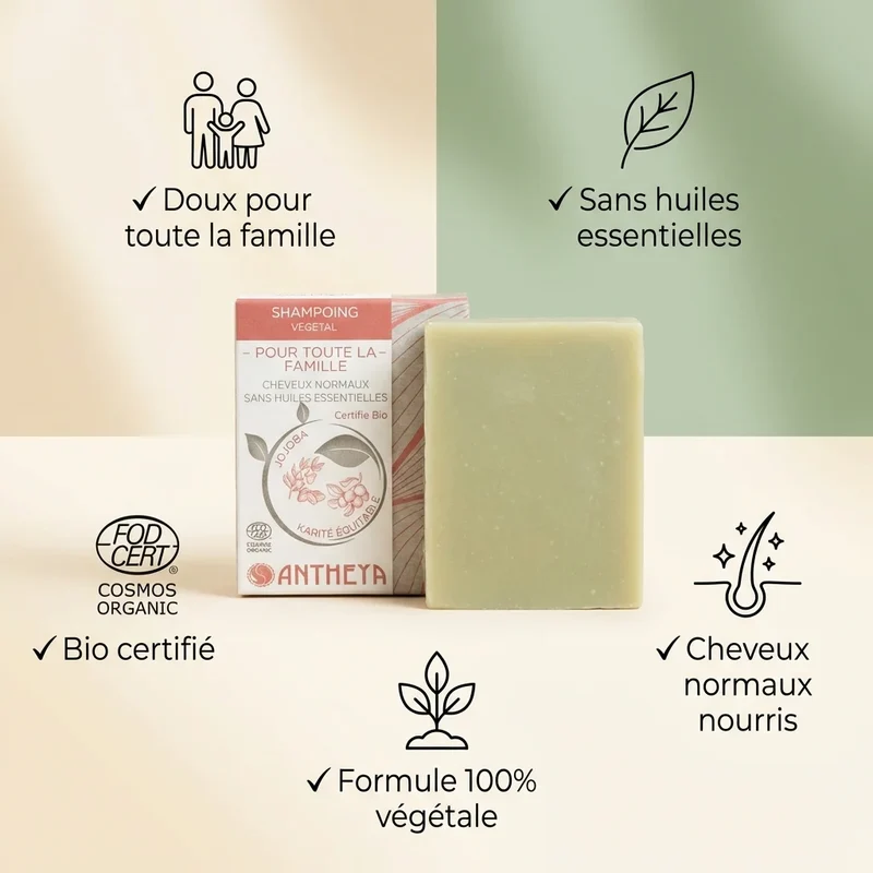 Shampoing solide - Cheveux Normaux pour toute la famille - 100 g - Antheya