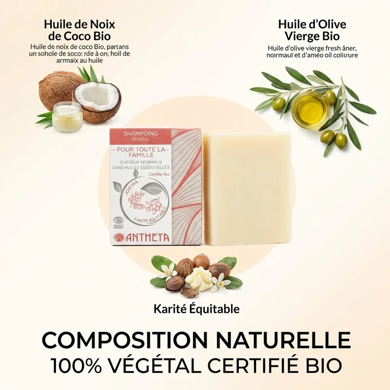Shampoing solide - Cheveux Normaux pour toute la famille - 100 g - Antheya