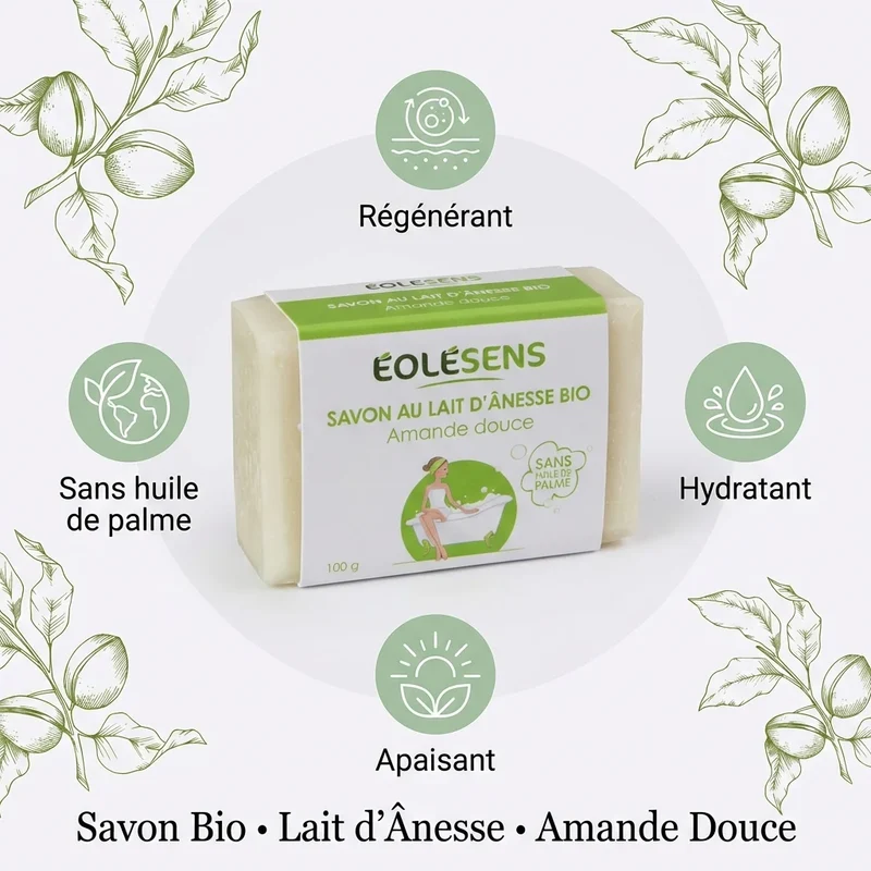 Savon Lait d'ânesse Amande douce bio - 100 g - Eolesens