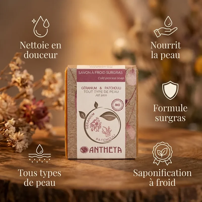 Savon géranium patchouli (toutes peaux) - 100 g - Antheya