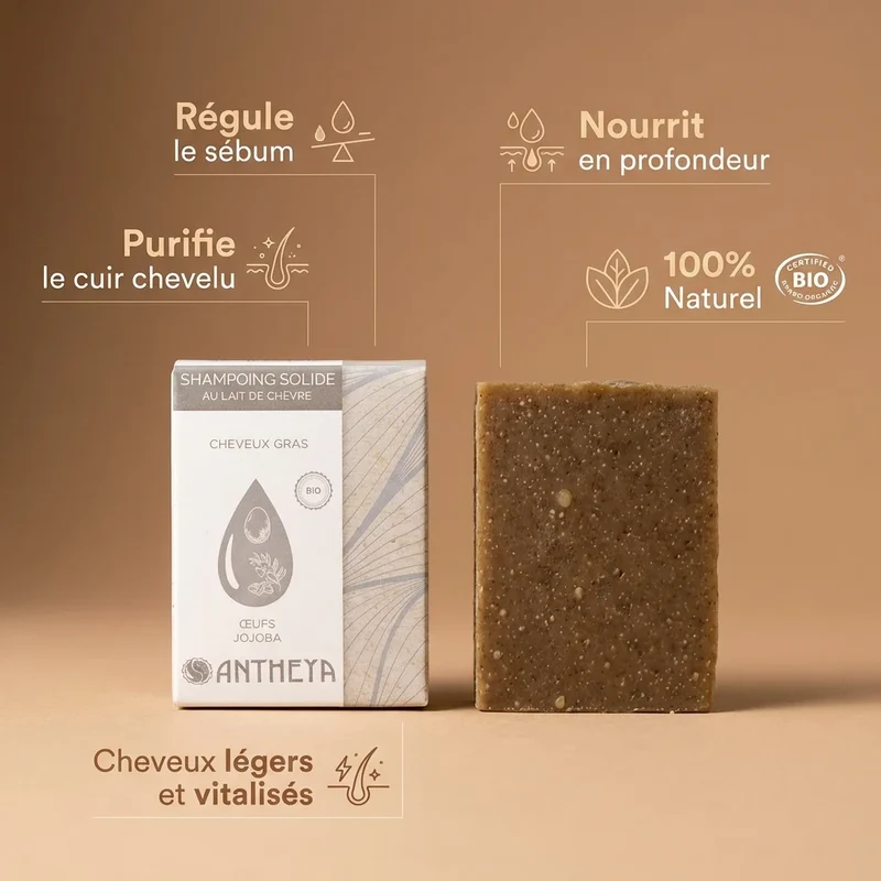 Shampoing solide lait de chèvre - cheveux gras - 100 g - Antheya