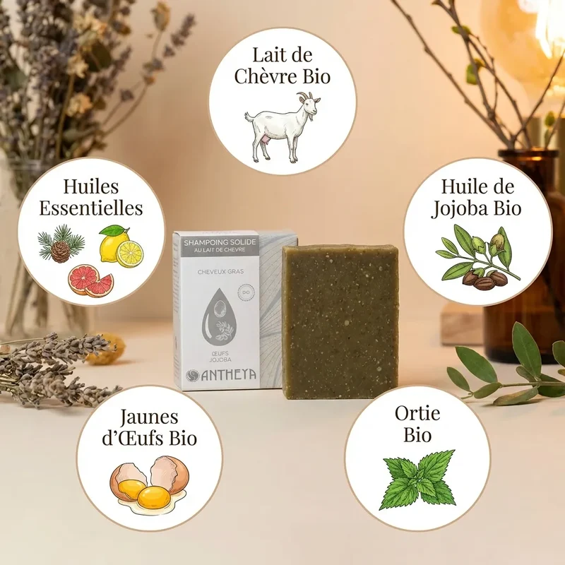 Shampoing solide lait de chèvre - cheveux gras - 100 g - Antheya
