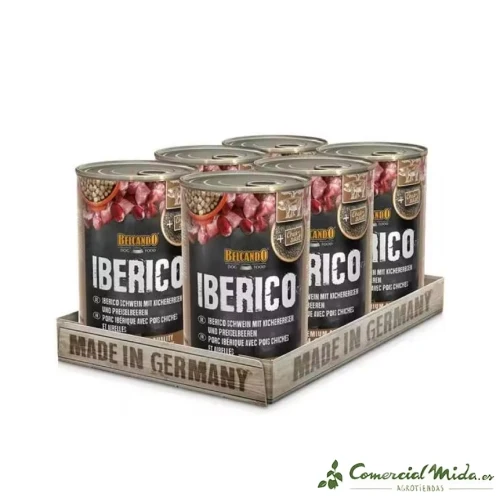 Nourriture humide BELCANDO au porc ibérique, pois chiches et myrtilles pour chiens