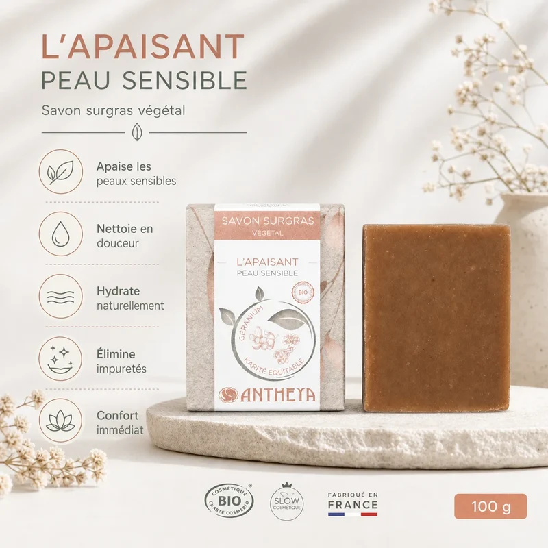 Savon surgras végétal Apaisant Peaux Sensibles - 100 g - Antheya