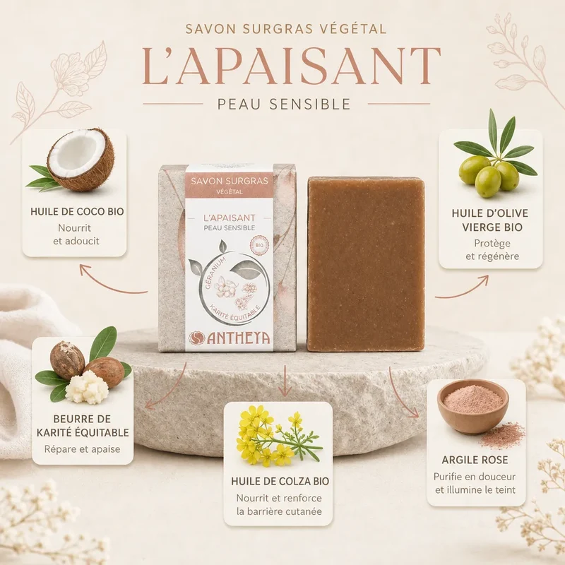 Savon surgras végétal Apaisant Peaux Sensibles - 100 g - Antheya