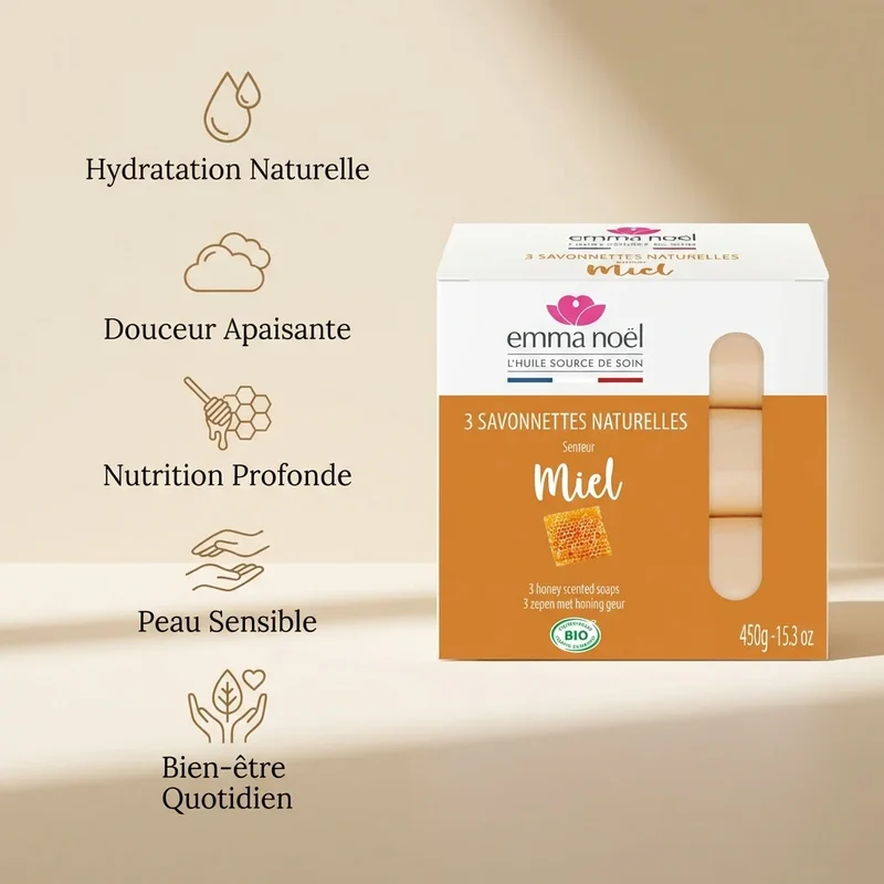 Savonnettes Miel Bio - 3 x 150 g - EMMA NOËL