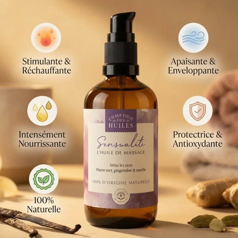 Huile de Massage Sensualité Bio - 100 ml - Comptoir des Huiles