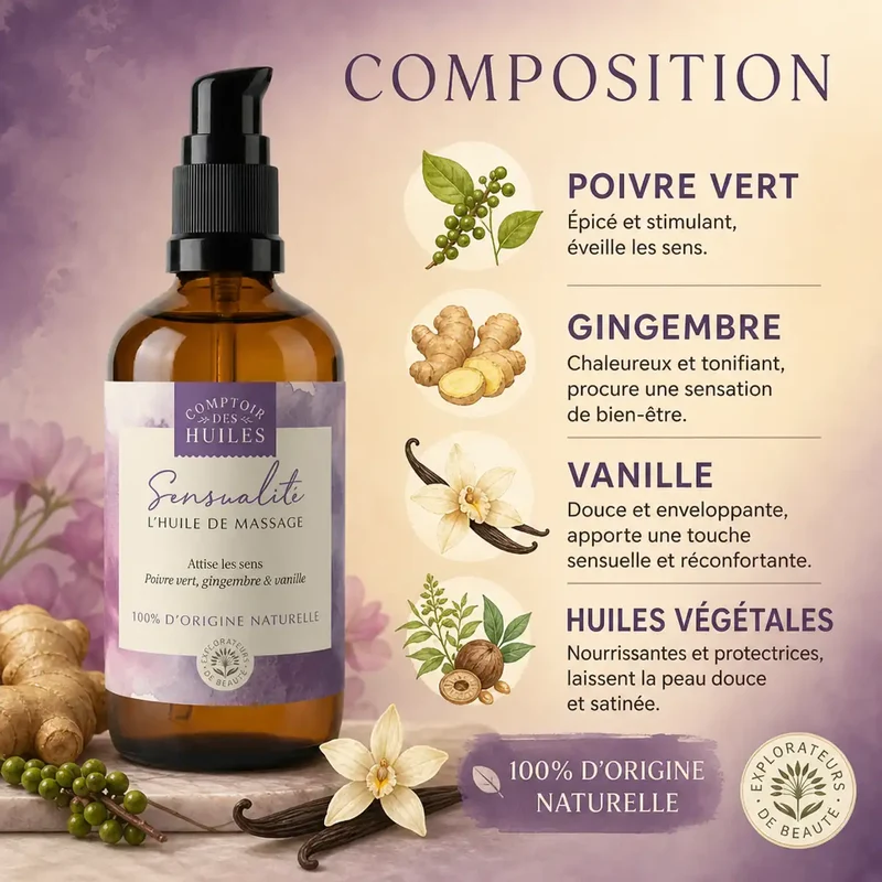 Huile de Massage Sensualité Bio - 100 ml - Comptoir des Huiles