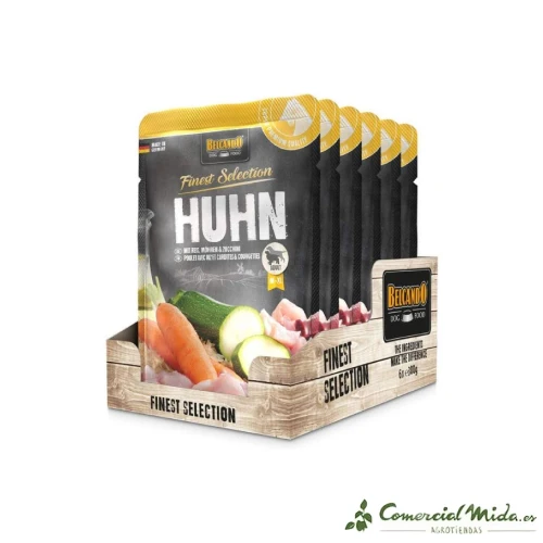 Nourriture humide pour chien BELCANDO HUHN au poulet, riz, courgettes et carottes