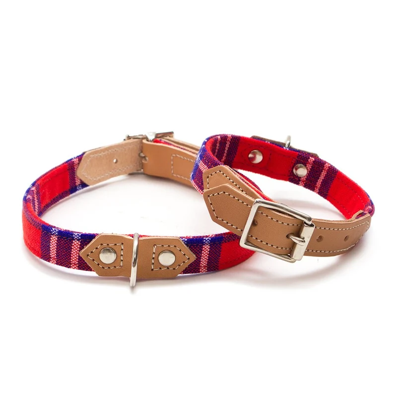 Collier pour chien cuir et tissu Shuka red