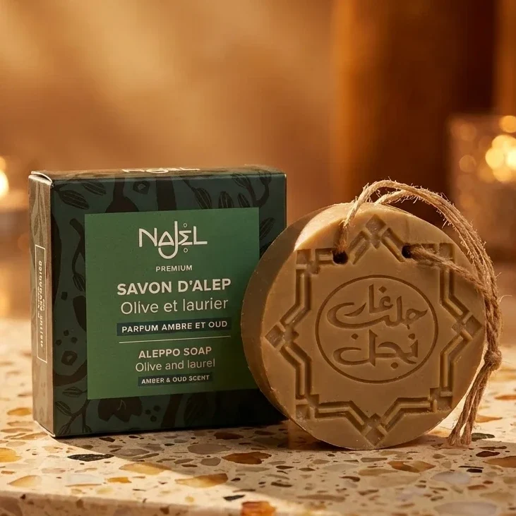 Savon d’Alep Olive & Laurier – parfum Ambre & Oud (150g) – Najel
