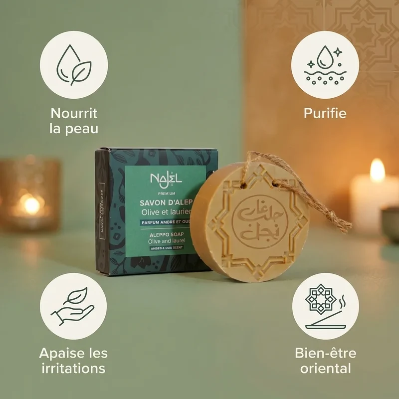 Savon d’Alep Olive & Laurier – parfum Ambre & Oud (150g) – Najel