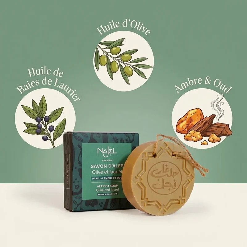 Savon d’Alep Olive & Laurier – parfum Ambre & Oud (150g) – Najel