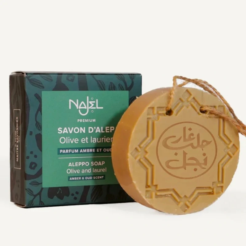 Savon d’Alep Olive & Laurier – parfum Ambre & Oud (150g) – Najel
