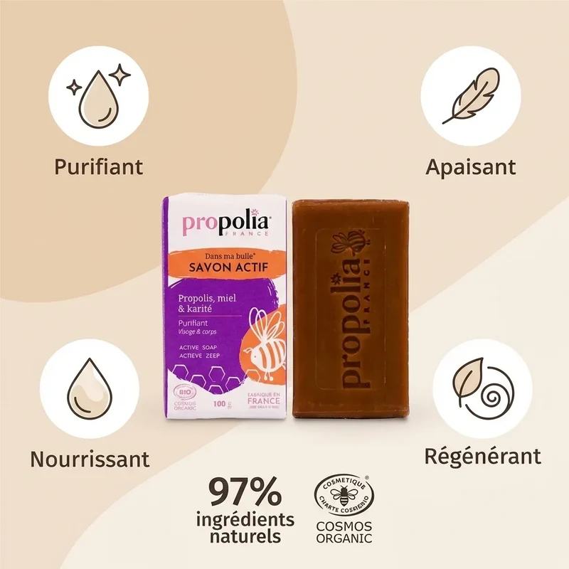 Savon Propolis, Miel & Karité (visage & corps) - 100g - Propolia