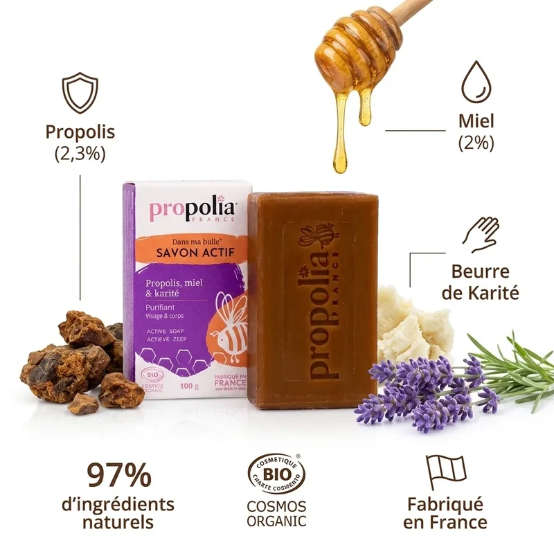 Savon Propolis, Miel & Karité (visage & corps) - 100g - Propolia