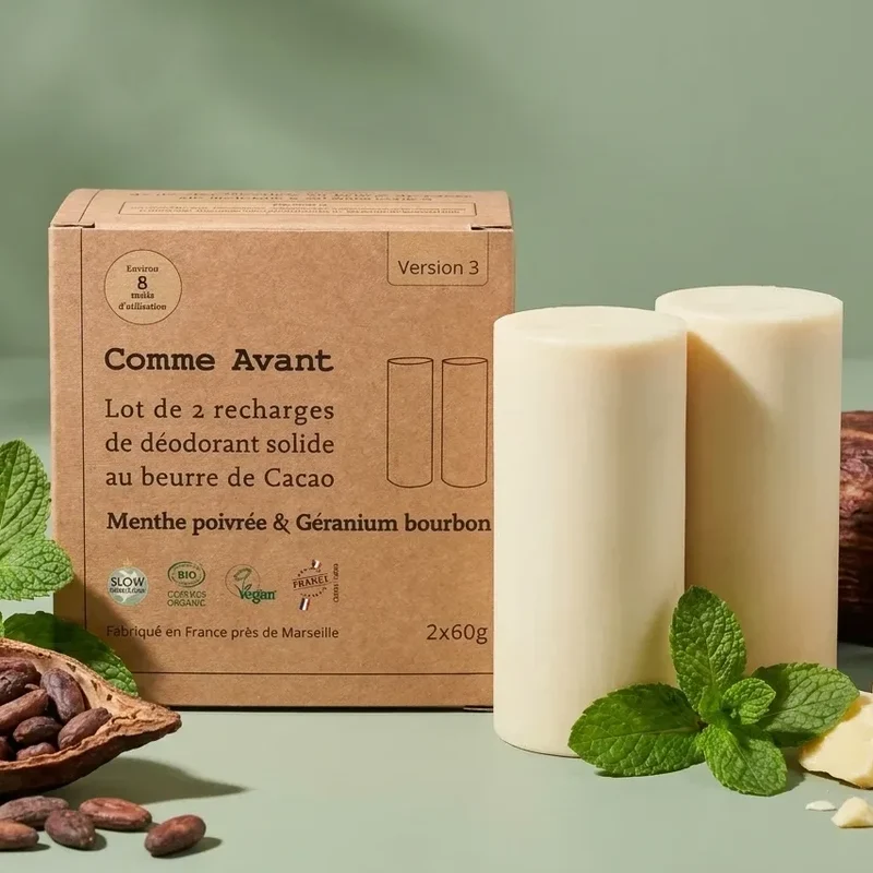 Déodorant solide au beurre de cacao menthe poivrée et géranium (recharges) - 2x60g - Comme Avant