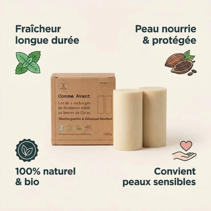 Déodorant solide au beurre de cacao menthe poivrée et géranium (recharges) - 2x60g - Comme Avant