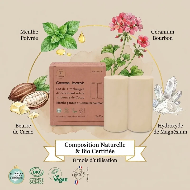 Déodorant solide au beurre de cacao menthe poivrée et géranium (recharges) - 2x60g - Comme Avant