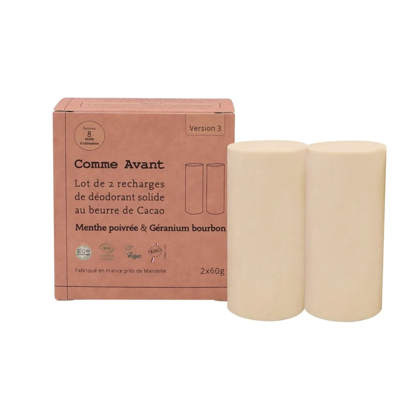 Déodorant solide au beurre de cacao menthe poivrée et géranium (recharges) - 2x60g - Comme Avant