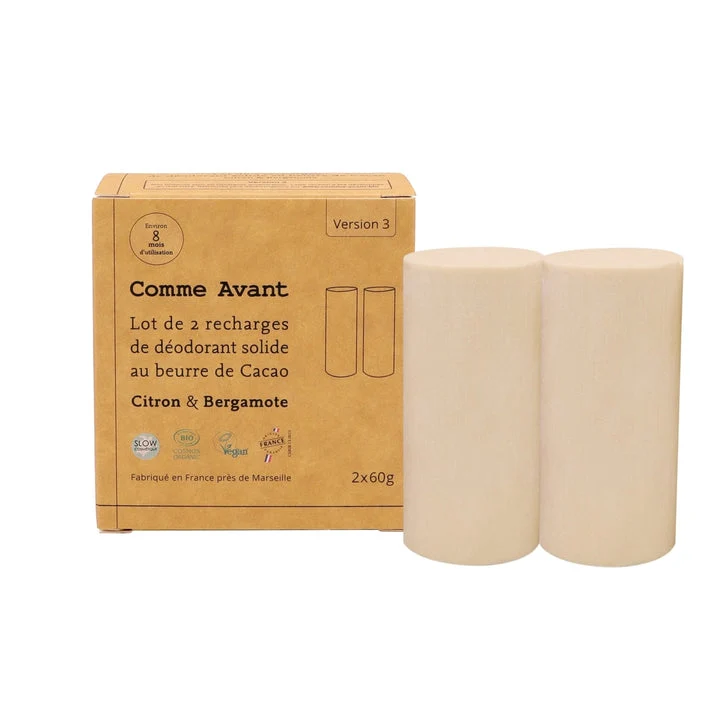 Déodorant solide au beurre de cacao citron et bergamote (recharges) - 2x60g - Comme Avant