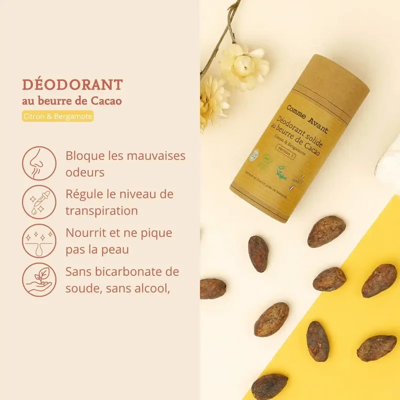 Déodorant solide au beurre de cacao citron et bergamote (recharges) - 2x60g - Comme Avant