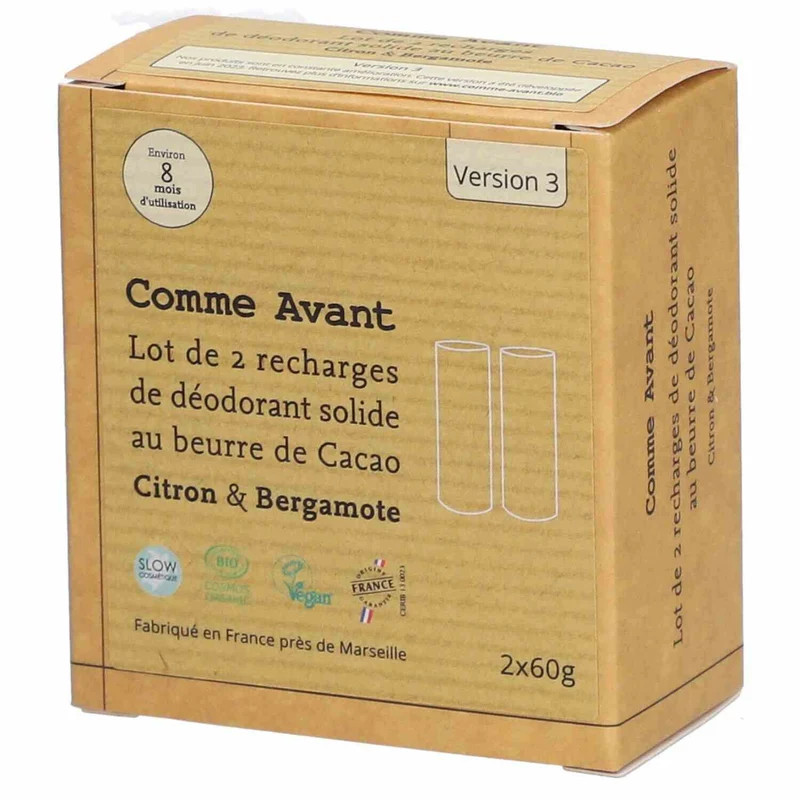 Déodorant solide au beurre de cacao citron et bergamote (recharges) - 2x60g - Comme Avant