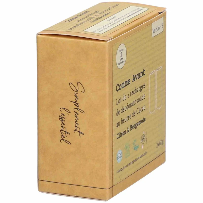 Déodorant solide au beurre de cacao citron et bergamote (recharges) - 2x60g - Comme Avant