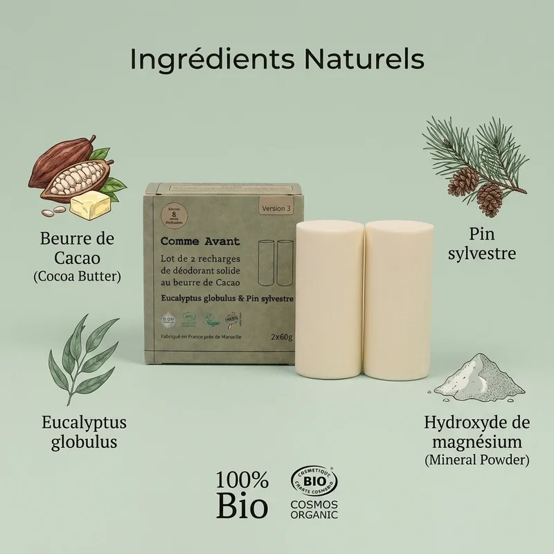 Déodorant solide au beurre de cacao eucalyptus et pin sylvestre (recharges) - 2x60g - Comme Avant