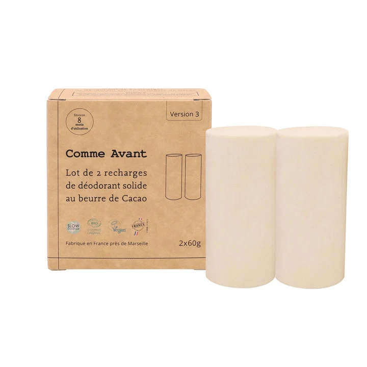 Déodorant solide au beurre de cacao brut (recharges) - 2x60g - Comme Avant