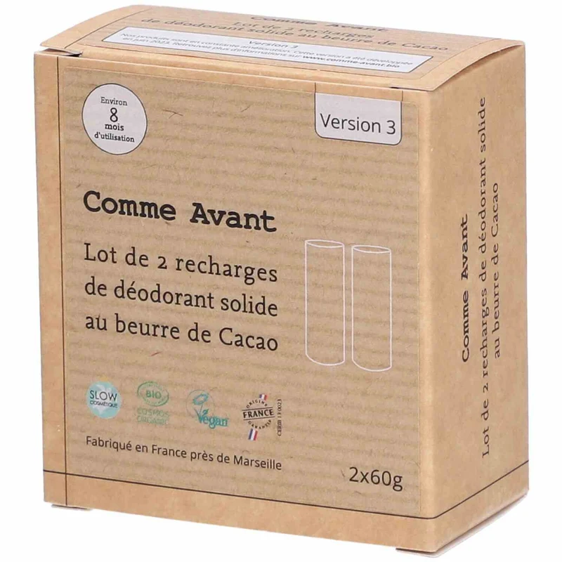 Déodorant solide au beurre de cacao brut (recharges) - 2x60g - Comme Avant