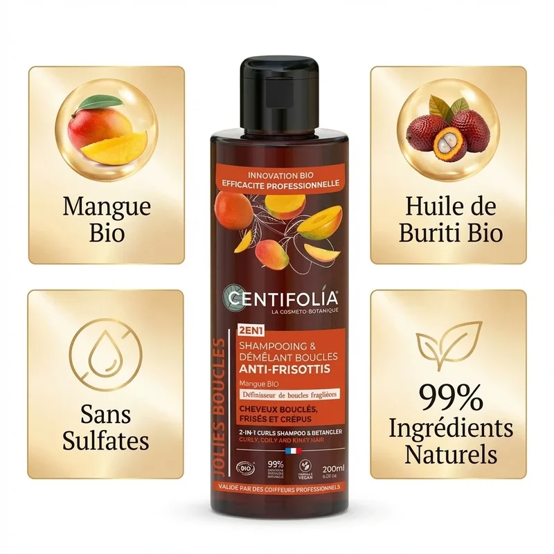 Shampoing & Démêlant Boucles Anti-frisottis 2en1 Bio - 200 ml - Centifolia