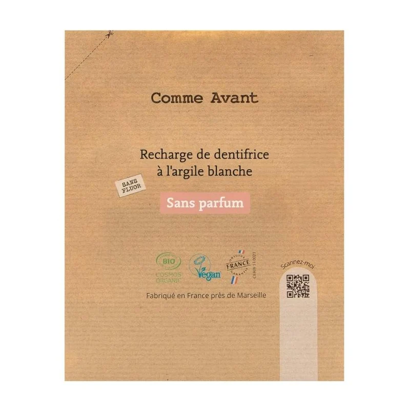 Recharge de dentifrice à l'argile blanche - Sans parfum & sans fluor - 180 ml - Comme Avant