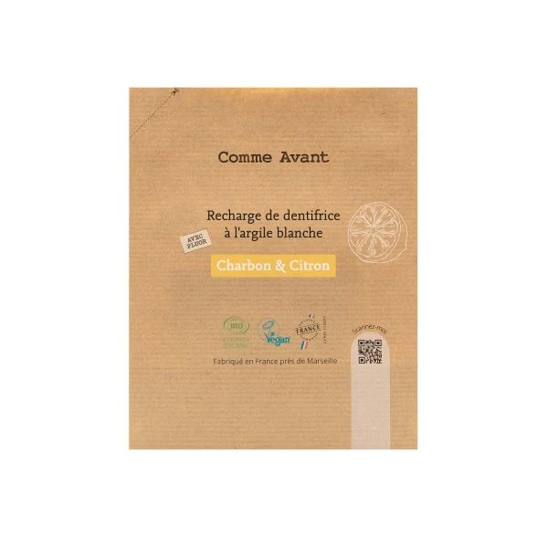Recharge de dentifrice à l'argile blanche - Charbon & Citron - 180 ml - Comme Avant