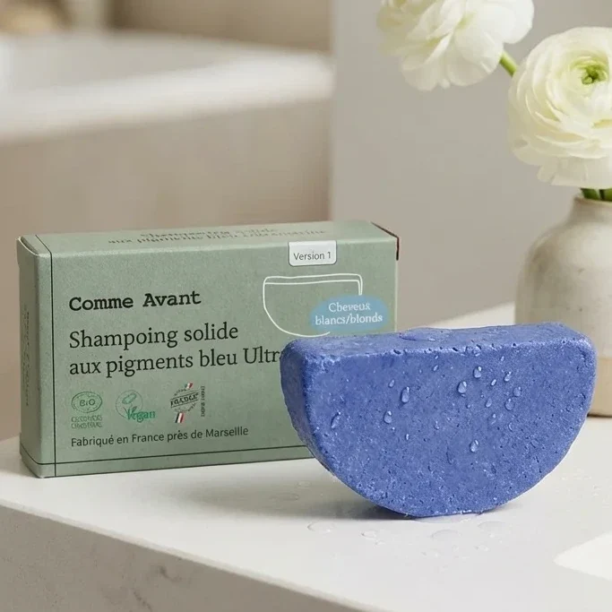 Shampoing solide Cheveux Blond & Blancs aux pigments bleu ultramarine - Comme Avant